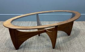 MCM WILKINS FOR G-PLAN TEAK & GLASS OVAL ASTRO COFFEE TABLE, 42 (h) x 122 (w) x 66cms (d)