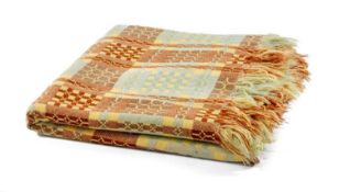 VINTAGE TRADITIONAL WELSH WOOLEN BLANKET with pale blue, yellow, white and brown geometric design,