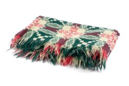 VINTAGE TRADITIONAL WELSH WOOLEN BLANKET with green, white & pink geometric design, corresponding