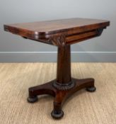 EARLY 19TH C. MAHOGANY CARD TABLE, hinged and swivel table top with green baize interior, storage