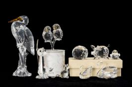 GROUP OF SWAROVSKI CRYSTAL ANIMAL FIGURES including, Silver Heron, 221627, inner-box (tatty),