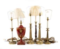 ASSORTED ANTIQUE-STYLE TABLE LAMPS, comprising pair of French style brass candlestick lamps, similar