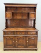 'BANKS OF BRISTOL' 18TH C. STYLE STAINED OAK DRESSER, plain rack with spice cupboards, three oak-