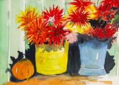 ‡ MARY-CLARE CORNWALLIS (British) watercolour - colourful flowers in pots, signed, 27 x 37cms