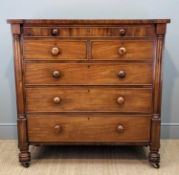 19TH C. MAHOGANY CHEST, narrow frieze drawer with compartmentalised interior (incomplete), two short