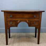 19TH C. MAHOGANY LOW BOY, fitted with three drawers around under arch with fan spandrels, 77 (h) x