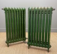 CAST IRON VICTORIAN FREESTANDING RADIATORS, 8 columned, leaf and ribbon decoration, green, largest