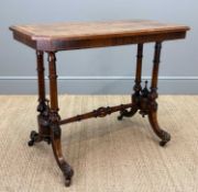 VICTORIAN INLAID BURR WALNUT LIBRARY TABLE, amboyna inlaid border to top and feet, ceramic