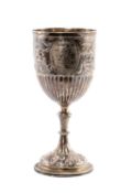 VICTORIAN SILVER TROPHY CUP, Edward Ker Reid, London 1868, foliate embossed and half fluted goblet