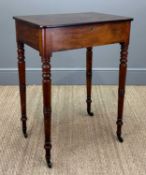 SMALL EARLY 19TH C. MAHOGANY WORKTABLE, hinged rectangular top, on tapering circular legs, brass