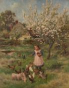 CLAUDE CARDON (British, 1864-1937) oil on canvas - Orchard Feeding Time, a young girl feeding