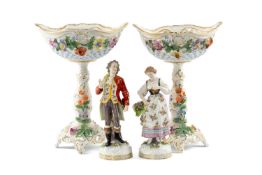 GERMAN PORCELAIN COMPORTS & FIGURINES, two pierced table comports with floral encrusted bases, 31cms