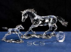 SWAROVSKI CRYSTAL 'ESPERANZA' HORSE WITH HORSESHOE PLAQUE, model 5004728, together with Companion