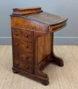 19TH C. BURR WALNUT & EBONY INLAID DAVENPORT, rear hinged-lid stationary compartment inc. inkwell