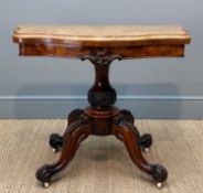 VICTORIAN BURR WALNUT SERPENTINE CARD TABLE, baize interior, carved column, four cabriole legs,