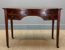 19TH C. MAHOGANY BOW FRONT WRITING DESK, central frieze drawer flanked by two smaller, tapering