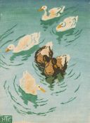 HELEN TÜPKE-GRANDE (1871-1946) woodcut - ducks swimming, signed in pencil, 23.5 x 17cms