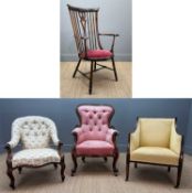 FOUR ANTIQUE ARMCHAIRS including, Victorian walnut-framed spoon-back, pink cloth upholstery, ceramic