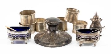 ASSORTED SILVER TABLEWARES, including pair pierced oval salts, capstan inkwell (loaded), pepperette,