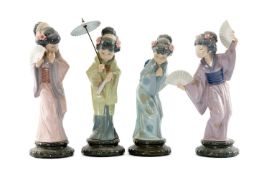 FOUR LLADRÓ GEISHA FIGURINES including, Timid Japanese, 4990, Oriental Spring, 4988, Sayonara,