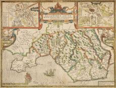 JOHN SPEED coloured antiquarian map of Glamorganshire, double engraved with plans of 'Cardyfe'