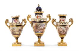 RARE H. & R. DANIEL PORCELAIN GARNITURE, early 19th C., classical form having pierced rims and