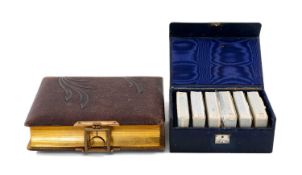 EDWARDIAN SILVER-MOUNTED PURPLE MOROCCO LEATHER BRIDGE SET, Casimir Widmer & Sons, with applied