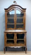 LOUIS XV STYLE FLORAL MARQUETRY MAHOGANY DISPLAY CABINET, asymmetric scroll cresting, beaded