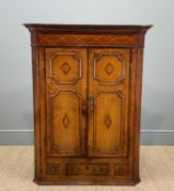 GEORGE III INLAID OAK & MAHOGANY CROSSBANDED HANGING CORNER CUPBOARD, dentil cornice above frieze