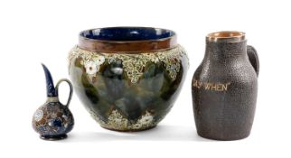 DOULTON STONEWARE, comprising mottled green glazed jardiniere, 22cms (diam.), silver mounted 'Say