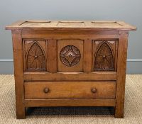 SMALL 1940s CC41 GOTHIC STYLE CARVED OAK COFFER, attributed to G.T. Rackstraw (Worcestershire),