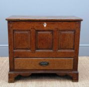 WELSH JOINED OAK COFFOR BACH, triple fielded panel front, apron drawer, bracket feet, 60 (h) x 66 (