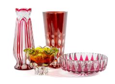 GROUP OF MCM STUDIO GLASS, signed Val St. Lambert red overlay cut glass bowl, 24cms (diam.),