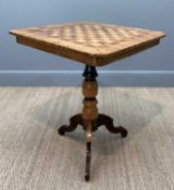19TH C. INLAID WALNUT GAMES TABLE, small frieze drawer, inlaid turned column, tripod base, 73 (h)