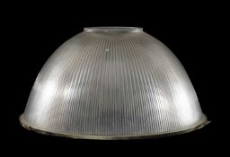 VINTAGE HOLOPHANE-STYLE INDUSTRIAL GLASS LAMPSHADE, prismatic glass, ribbing to outer surface,