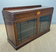 EDWARDIAN MAHOGANY INLAID & CROSSBANDED SIDE CABINET, moulded gallery to rear, frieze panels