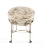 EDWARD VII SILVER JEWELLERY BOX, William Comyns, London 1903, circular on four slender legs tied