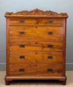 19TH C. ANGLO-CHINESE CAMPHORWOOD CAMPAIGN SECRETAIRE CHEST, carved gallery, upper section with