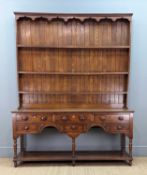 19TH C. OAK WELSH HIGH DRESSER, associated boarded plate rack, base with five frieze drawers, pot-