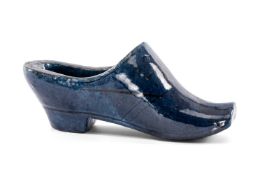RARE EWENNY DATED POTTERY SHOE, Georgian-style with incised detail, attractive mottled blue glaze,