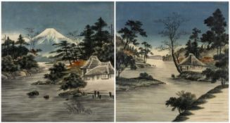 PAIR JAPANESE YUZEN-BIRODO PICTURES, Taisho Period, ink & velvet on silk - Fujiyama landscape, and