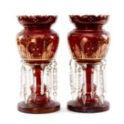 PAIR EDWARDIAN RUBY GLASS TABLE LUSTRES, enamel & gilt decoration, hung with prismatic drops, 36.