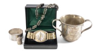 SILVER CHRISTENING CUP, London 1897, 7cms (h), 2.9ozt (92g); together with a silver thimble,
