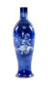 ROYAL DOULTON BLUE CHILDREN WARE VASE of slender form, decorated with a girl and doll, green printed