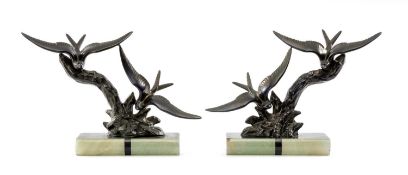 PAIR OF FRENCH ART DECO BRONZED SPELTER ONYX & SLATE MANTEL ORNAMENTS, c. 1930, 21 (h) x 32cms (w)