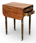 VICTORIAN MAHOGANY PEMBROKE TABLE, with drop leaves, rounded corners, two end drawers with turned