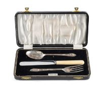 CASED SILVER SPOON & FORK, with non-conforming celluloid and stainless steel butter knife, weighable