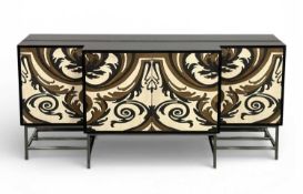 CONTEMPORARY PIANO BLACK BREAKFRONT SIDEBOARD, the doors with damask style painted detail, chrome