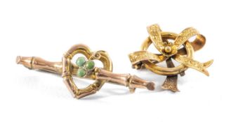 EDWARDIAN 9CT GOLD BOW & RING BROOCH, Chester 1905, 24mms; and 9ct gold and turquoise brooch, 40mms,