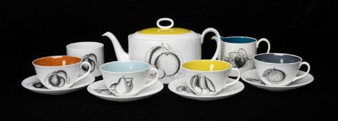 SUSIE COOPER 'BLACK FRUIT' PATTERN TEA SERVICE, teapot and cover, four cups and saucers, milk jug,